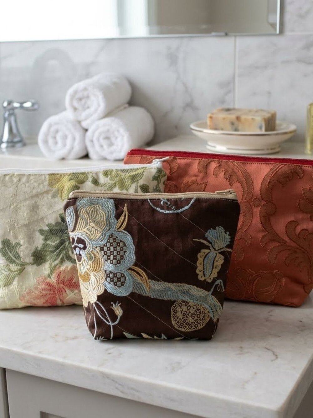 3 Handmade Quilted Zipper Bags Small Travel Pouches Cosmetic Storage